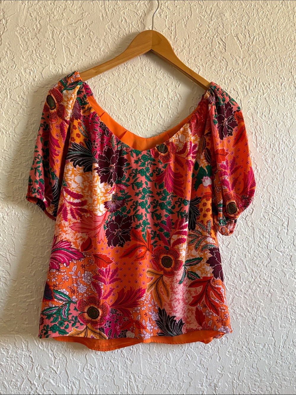 LOFT Orange Floral Puff-Sleeve Blouse